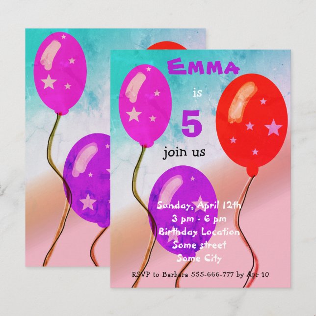 Postal De Invitación Globos rojos morados Cumpleaños de niños Fiesta  (Anverso / Reverso)