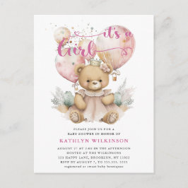 Postal De Invitación Globos rosas Teddy Bear Chica Floral Baby Shower