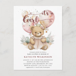 Postal De Invitación Globos rosas Teddy Bear Chica Floral Baby Shower