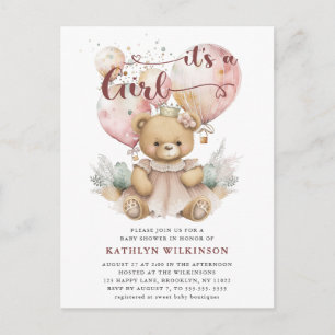 Postal De Invitación Globos rosas Teddy Bear Chica Floral Baby Shower