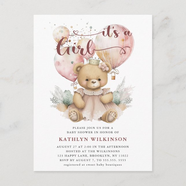 Postal De Invitación Globos rosas Teddy Bear Chica Floral Baby Shower (Anverso)