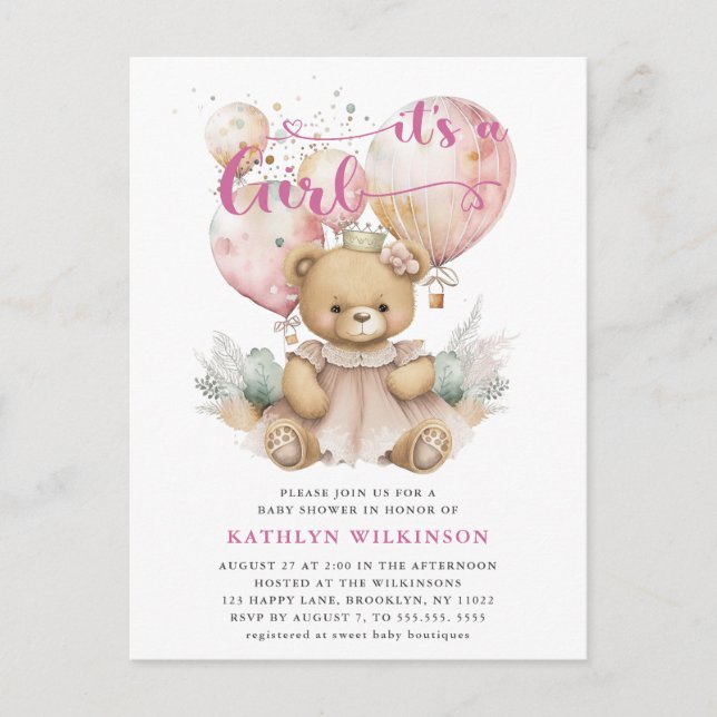 Postal De Invitación Globos rosas Teddy Bear Chica Floral Baby Shower (Anverso)