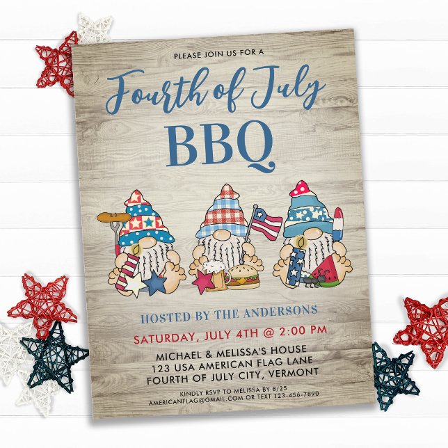 Postal De Invitación Gnomes Whimsicales Blancos Rojos Cuarto De Julio B (Subido por el creador)