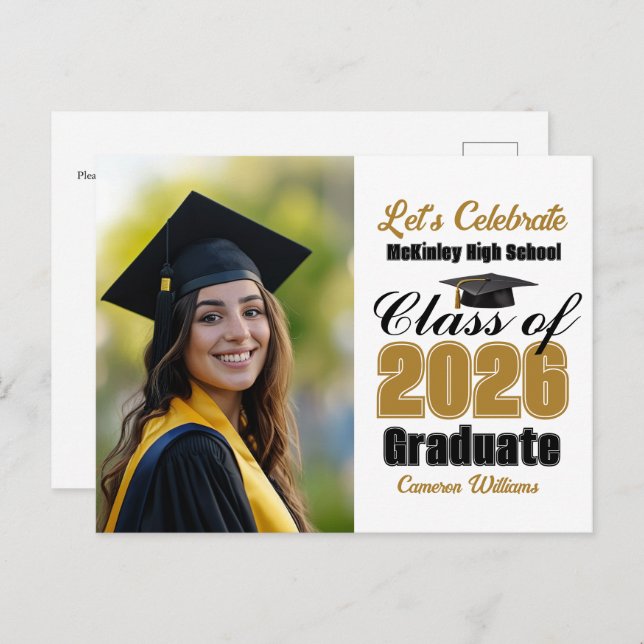 Postal De Invitación Gold Black Class of 2026 Photo Graduation Party (Anverso / Reverso)