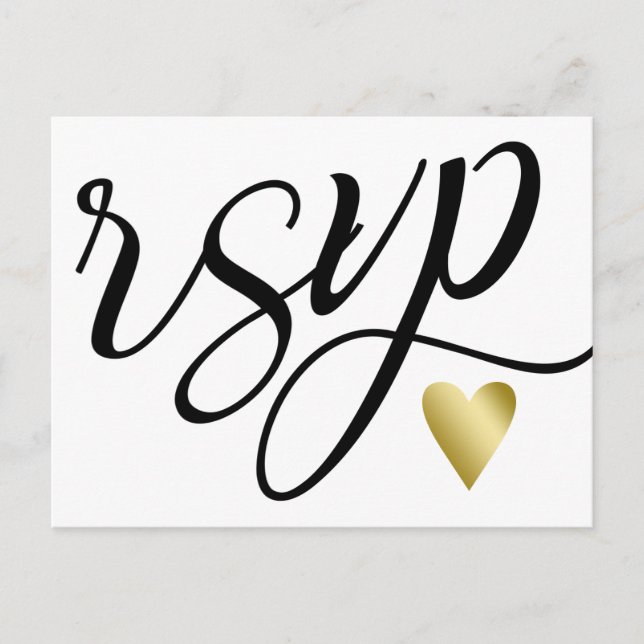 Postal De Invitación Gold Heart & Black Calligraphy RSVP (Anverso)
