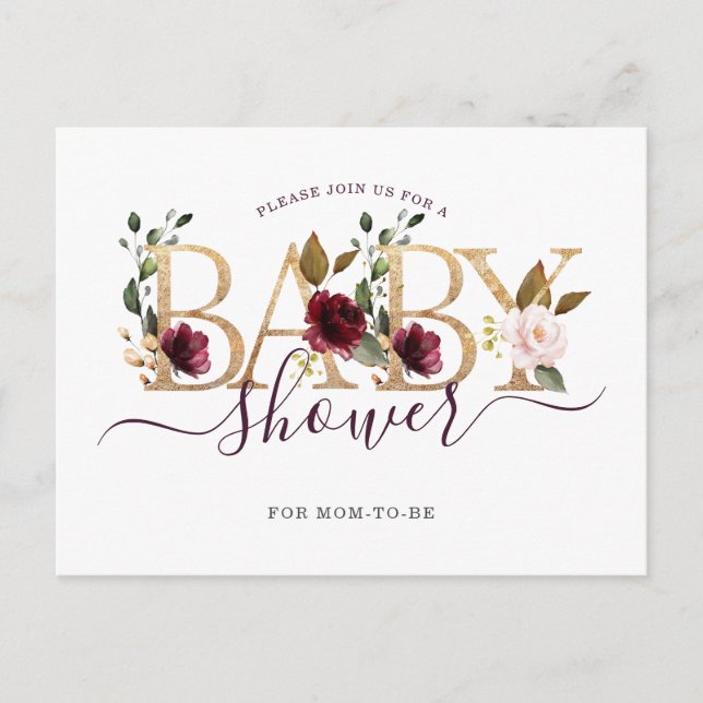 Postal De Invitación Gold Wine Burgundy Floral Baby Shower (Anverso)