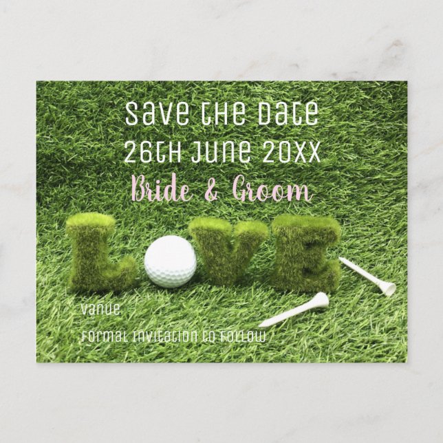 Postal De Invitación Golf Guarde la fecha para la boda con pelota de go (Anverso)
