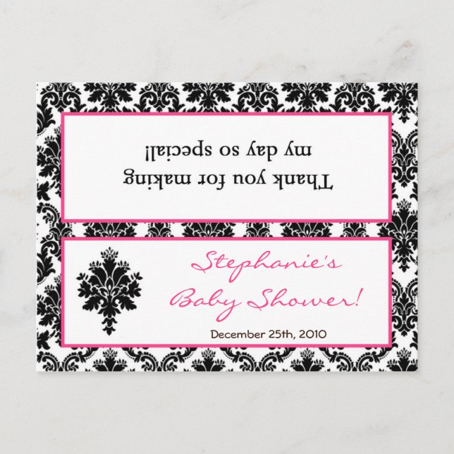 Postal De Invitación Goody Bag Topper Hot Pink Black Damask (Anverso)