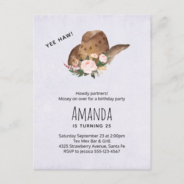 Postal De Invitación Gorra marrón de vaca con flores rosadas Cumpleaños (Anverso)