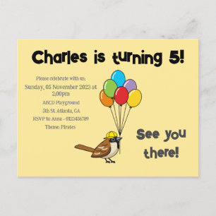 Postal De Invitación Gorrión Lindo con Globos Cumpleaños   Personalizar