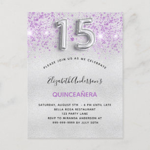 Postal De Invitación Gotas de purpurina púrpura de plata de Quinceanera
