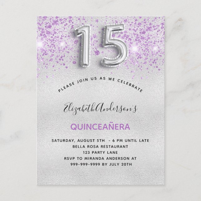 Postal De Invitación Gotas de purpurina púrpura de plata de Quinceanera (Anverso)