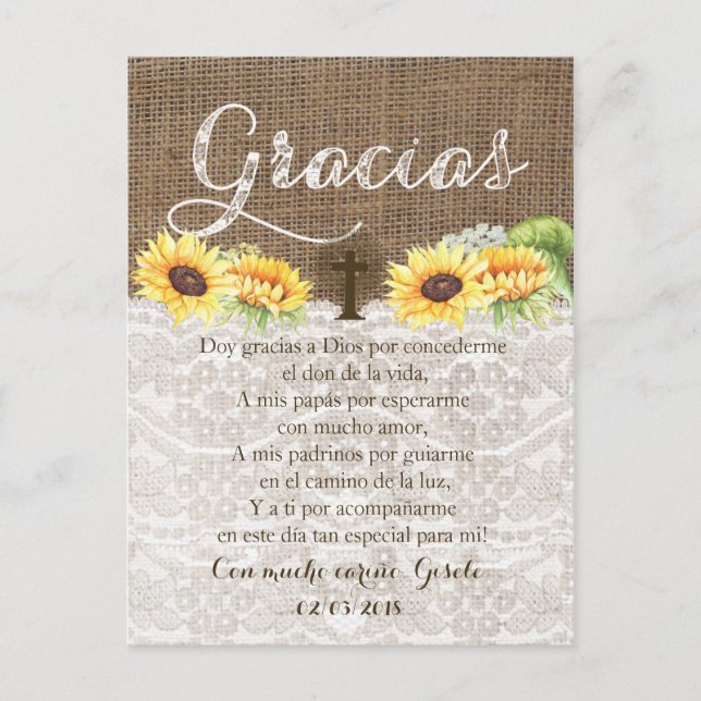 Postal De Invitación Gracias por la oración del bautismo Gracias tarjet (Anverso)