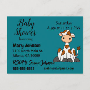 Postal De Invitación Graciosa vaca con Baby Shower de Heart Spots