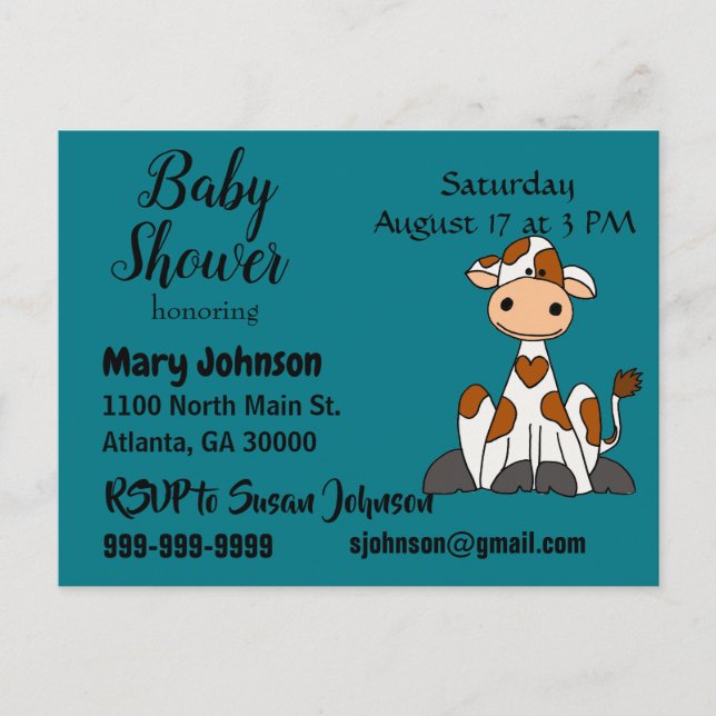 Postal De Invitación Graciosa vaca con Baby Shower de Heart Spots (Anverso)