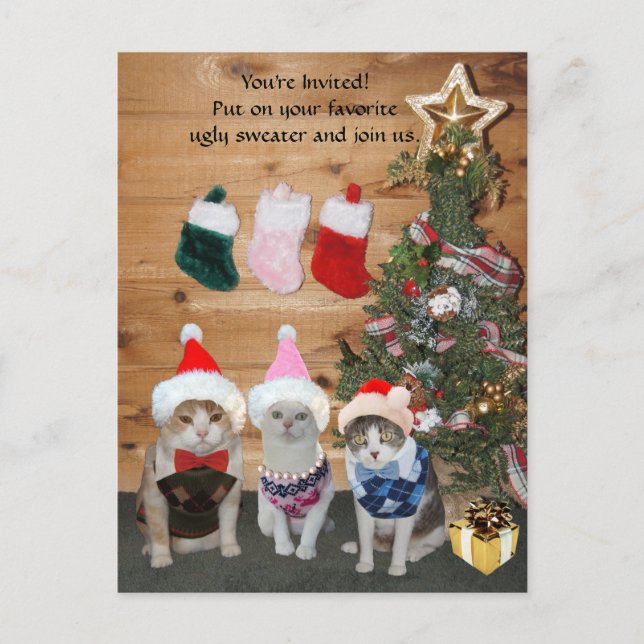 Postal De Invitación Graciosos gatos navideños en sudorosos (Anverso)
