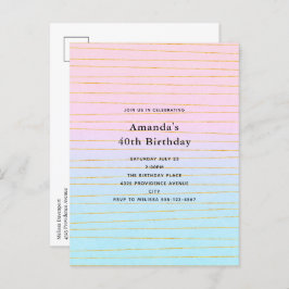 Postal De Invitación Gradiente rosa azul pastel con línea dorada Cumple