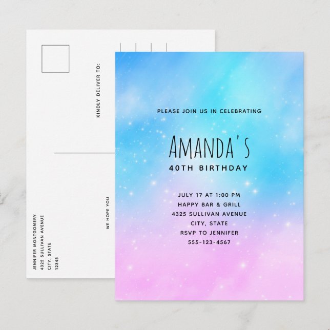 Postal De Invitación Gradiente rosa y azul pastoral cielo cumpleaños (Anverso / Reverso)