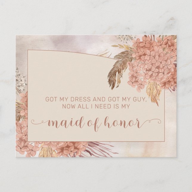 Postal De Invitación Grado Boho Pampas |Hydrangea doncella de honor (Anverso)