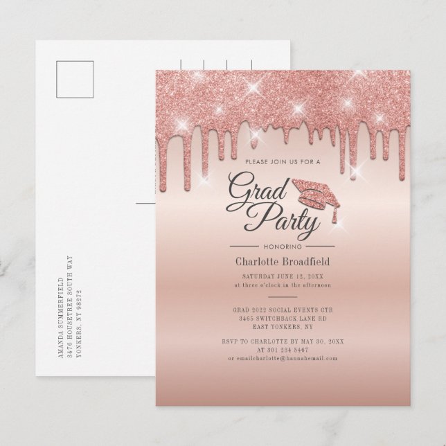 Postal De Invitación Graduación 2022 Script Rosa Gold Modern Grad Fiest (Anverso / Reverso)
