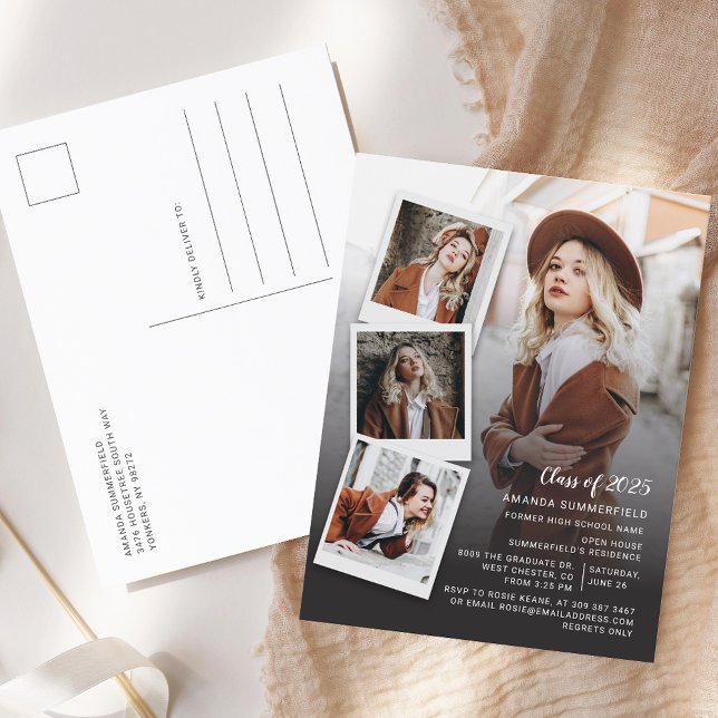 Postal De Invitación Graduación 2025 Fiesta de guiones de Collage de fo (Graduation 2025 Multi Photo Grad Party Invitation Postcard)