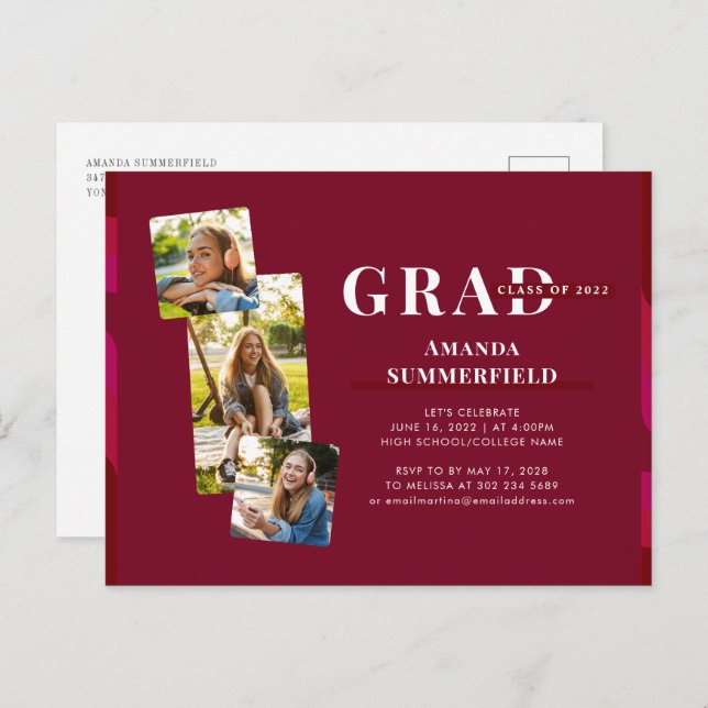 Postal De Invitación Graduación 2025 Modern 3 Fotos Grad Fiesta (Anverso / Reverso)