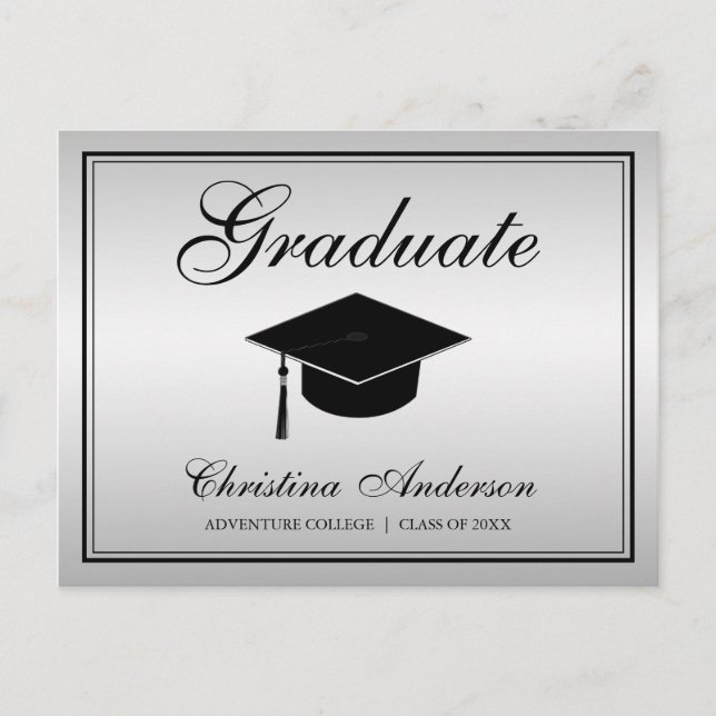 Postal De Invitación Graduación Black Grad Cap & Script en Fiesta plate (Anverso)