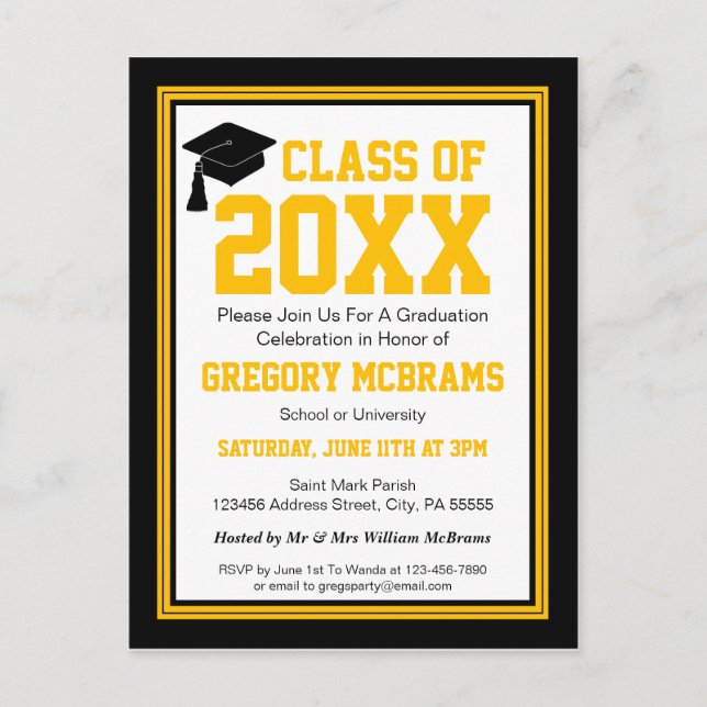 Postal De Invitación Graduación de año de clase negra y dorada (Anverso)