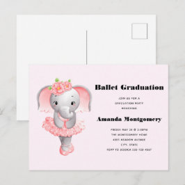 Postal De Invitación Graduación de Ballerina de Elefante Rosa y Gris