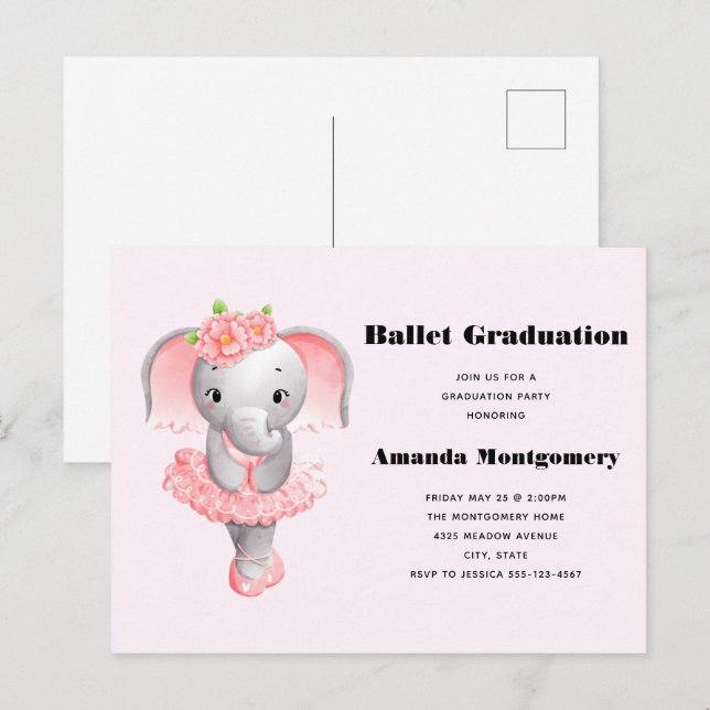Postal De Invitación Graduación de Ballerina de Elefante Rosa y Gris (Anverso / Reverso)