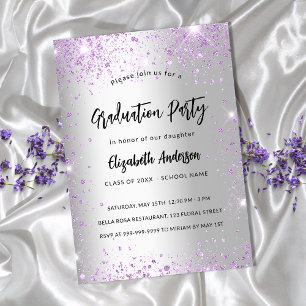 Postal De Invitación Graduación de brillo violeta de plata