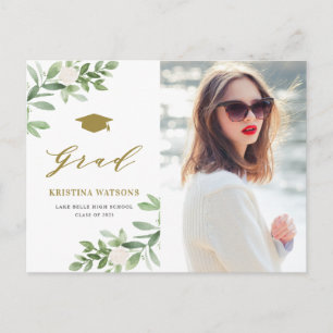 Postal De Invitación Graduación de flores blancas de vegetación acuarel