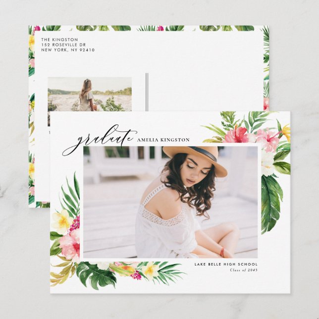 Postal De Invitación Graduación de foto de marco floral tropical acuare (Anverso / Reverso)