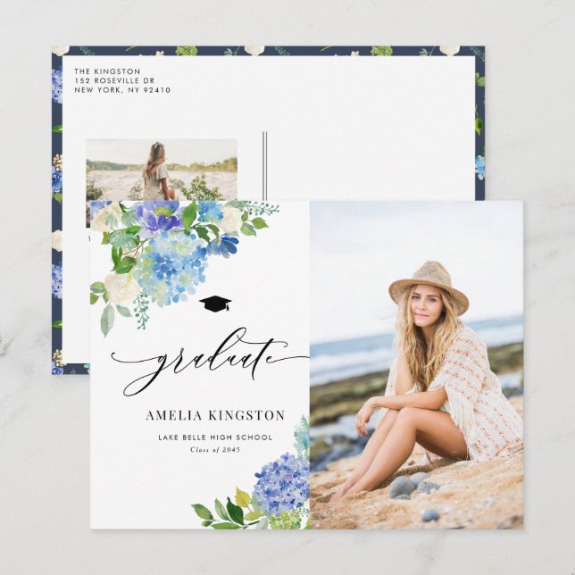 Postal De Invitación Graduación de fotografía floral de acuarela azul H (Anverso / Reverso)