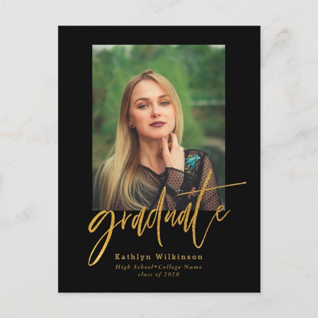Postal De Invitación Graduación de la foto elegante con guión negro de  (Anverso)