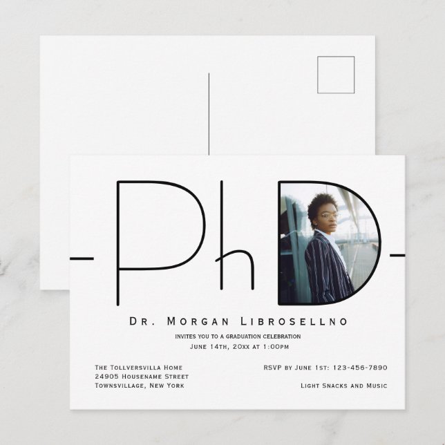 Postal De Invitación Graduación de PhD con fotografía moderna (Anverso / Reverso)