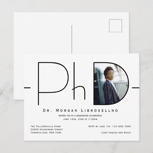 Postal De Invitación Graduación de PhD con fotografía moderna (Anverso / Reverso)