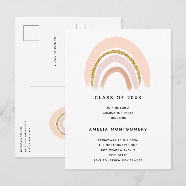 Postal De Invitación Graduación del arcoiris del Purpurina Pastel Rosa  (Anverso / Reverso)