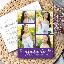 Postal De Invitación Graduación fotográfica Purple 4 Corazones de guion