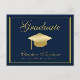 Postal De Invitación Graduación Gold Grad Cap & Script en Fiesta azul