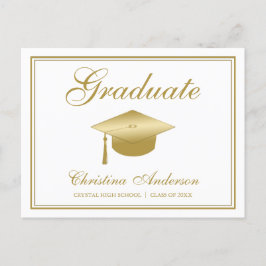 Postal De Invitación Graduación Gold Grad Cap & Script en Fiesta blanco
