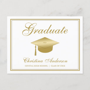 Postal De Invitación Graduación Gold Grad Cap & Script en Fiesta blanco