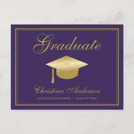 Postal De Invitación Graduación Gold Grad Cap & Script en Fiesta morado