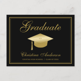 Postal De Invitación Graduación Gold Grad Cap & Script en Fiesta negro