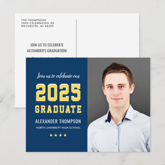 Postal De Invitación Graduación moderna de fotografía amarilla de la ma (Anverso / Reverso)