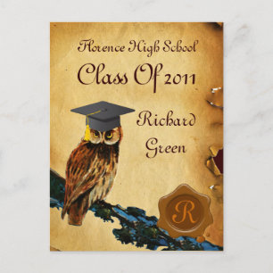 POSTAL DE INVITACIÓN GRADUACIÓN OWL PARCHMENT BROWN WAX SEAL MONOGRAM