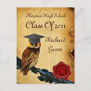 POSTAL DE INVITACIÓN GRADUACIÓN PARCHE OWL Y MONOGRAMA DE SELLO DE CERR