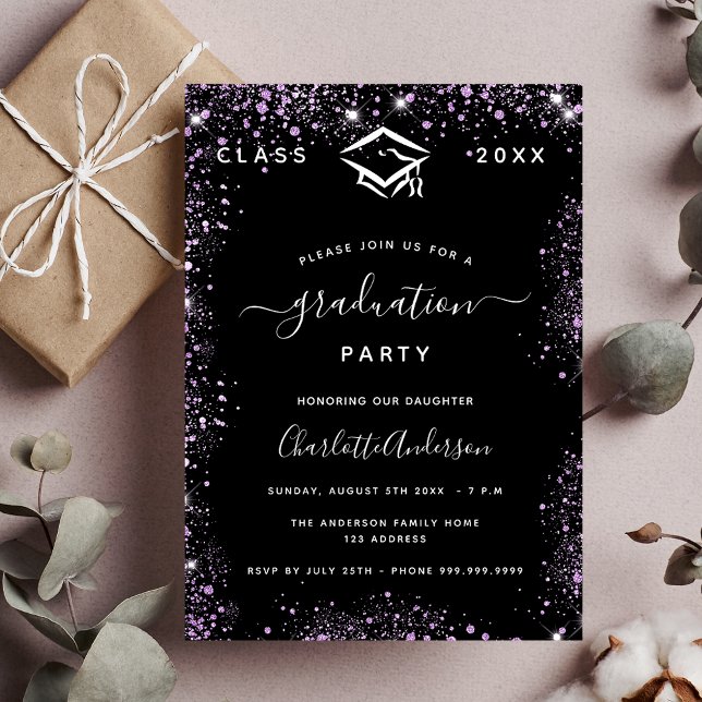 Postal De Invitación Graduación purpurina violeta morado negro glamoros (Subido por el creador)