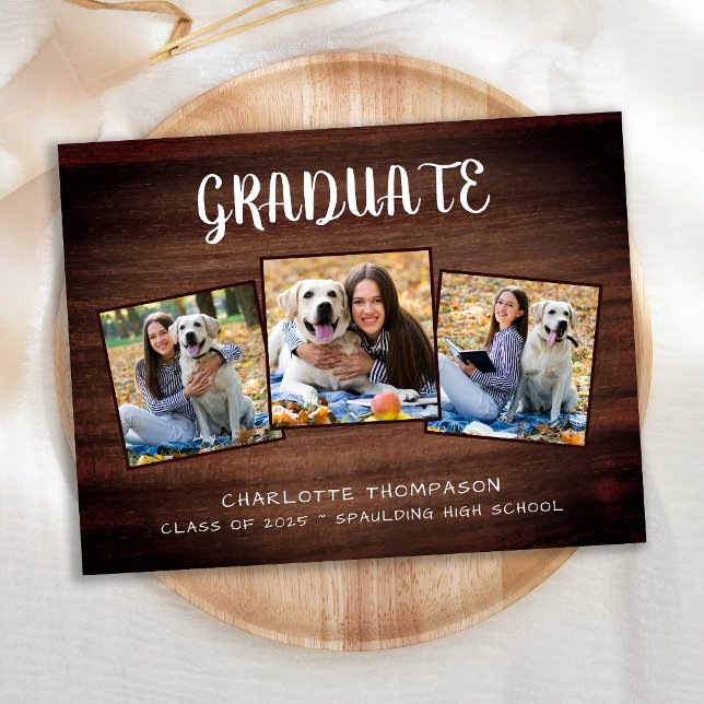 Postal De Invitación Graduación Rustic 3 Photo Wood (Subido por el creador)