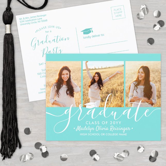 Postal De Invitación Graduation Party Modern Script Teal Blue 3 Photo (Subido por el creador)